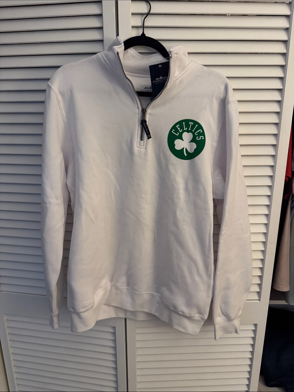 Charles River Apparel White Quarter-Zip with Green Celtics Emblem